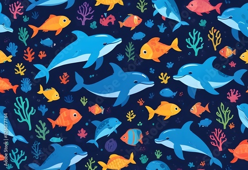 Colorful cartoon marine animals with a cute dolphin, turtles, and fish. Ai Generate