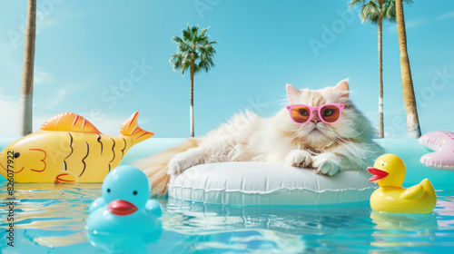 Fluffy white cat lounging on pool float with sunglasses and inflatable toys