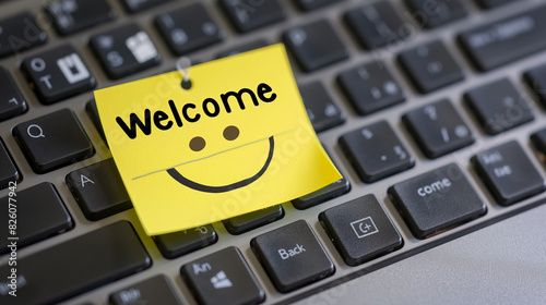 Yellow post-it with a 'Welcome' and smiley face on computer keyboard, implying a welcoming workspace