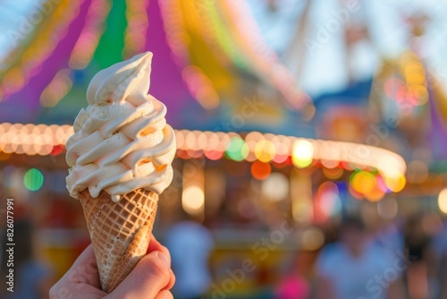 Vanilla ice cream cone at vibrant fairground