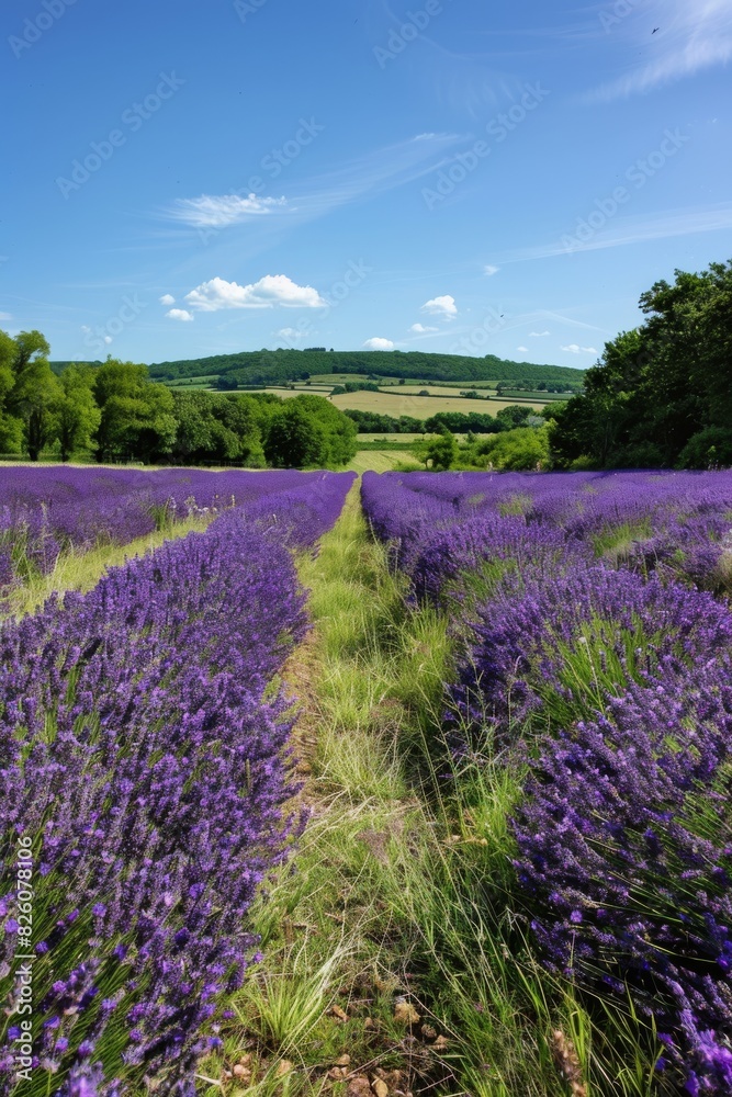 Lavender fields pathway under a clear blue summer sky