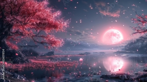 The bright moon in the night sky  while the cherry trees swayed in the wind. 