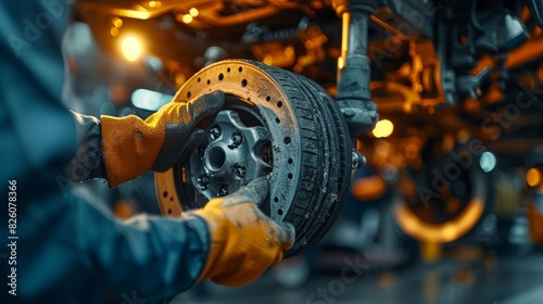 The employee of a garage car workshop performs vehicle maintenance or pre-sale preparation. An automobile repairman changes the wheel on his car to avoid an accident or to perform scheduled photo