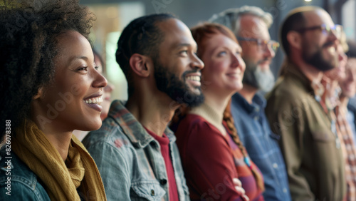 Diverse group of people smiling together, a picture of unity and joy.