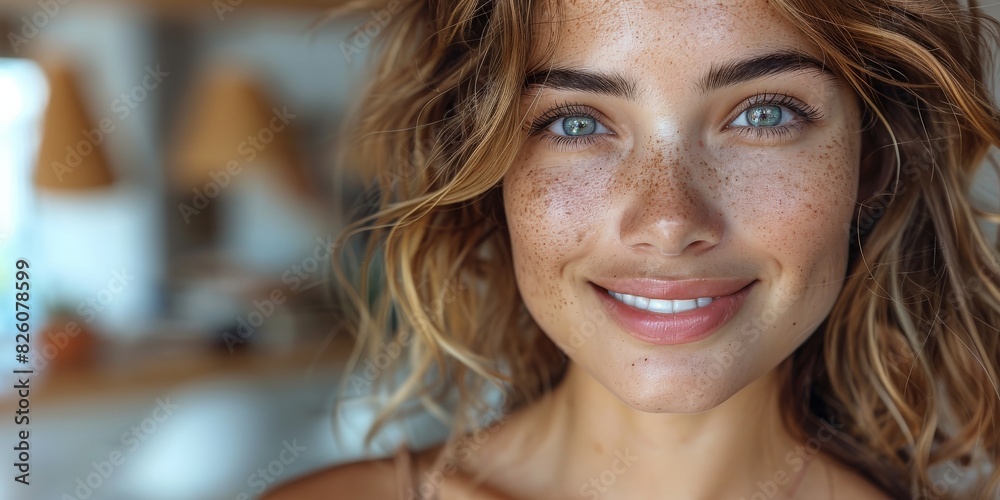 Captivating Portrait of a Woman, Genuine Smile and Freckles under Natural Light in a CloseUp Shot Captivating Portrait of a Woman, Genuine Smile and Freckles under Natural Light in a CloseUp Shot