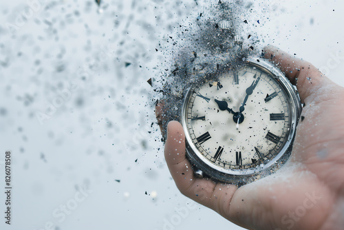 hand holding clock fading into pieces on blue background Don't waste time concept 
