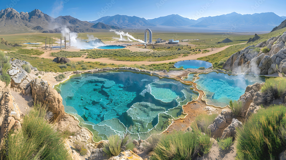 Geothermal energy. Geothermal energy system with Mountains and sky in the background