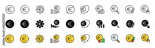 Euro coin icons collection. Money icons. Linear, silhouette and flat style. Vector icons