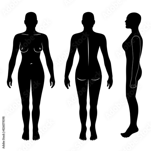 Full length front, back, side view of a lean bald standing naked woman silhouette, isolated on white background. Vector illustration