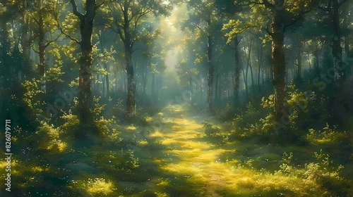 A peaceful green forest with sunlight filtering through the canopy, casting dappled shadows on the forest floor