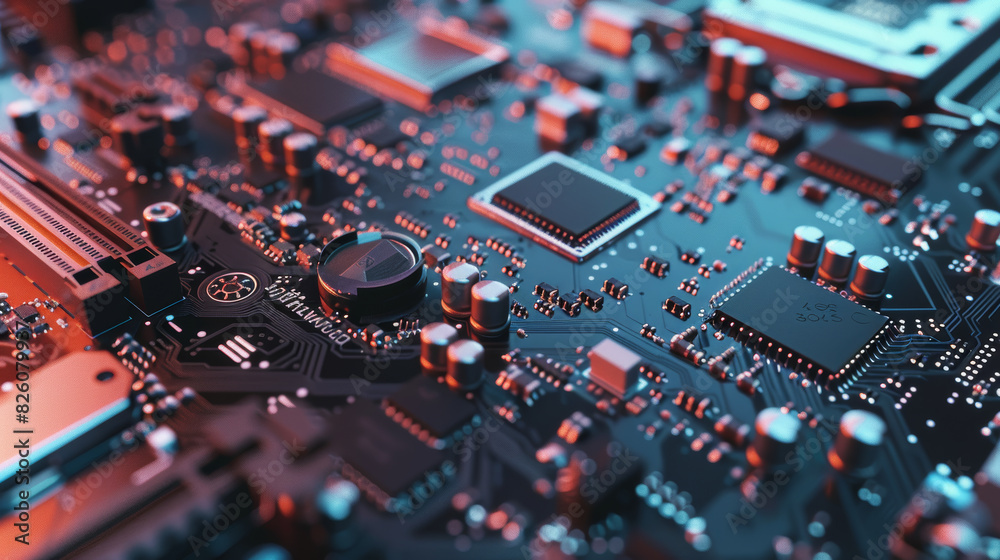Close-up of a vivid, high-tech electronic circuit board with glowing elements. Close-up of a vivid, high-tech electronic circuit board with glowing elements.