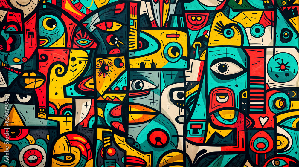 abstract cubism colorful wallpaper, face inspired forms and weird pattern flat lay background 