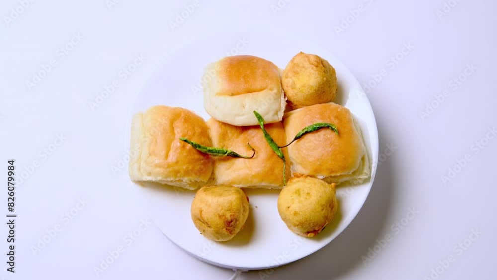 Vada (fried potatoes) and pav (bread and buns) and green chillies on white plate with rotating plate. Top view of vada pav on plate rotating. vadapav with mirchi in plate. Indian fast food on plate Vada (fried potatoes) and pav (bread and buns) and green chillies on white plate with rotating plate. Top view of vada pav on plate rotating. vadapav with mirchi in plate. Indian fast food on plate