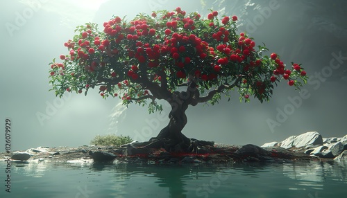 A lone tree with red blossoms stands on a small island in a misty lake. photo