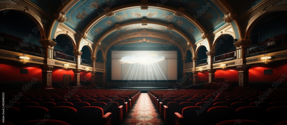 Empty modern cinema with blank white screen Empty modern cinema with blank white screen