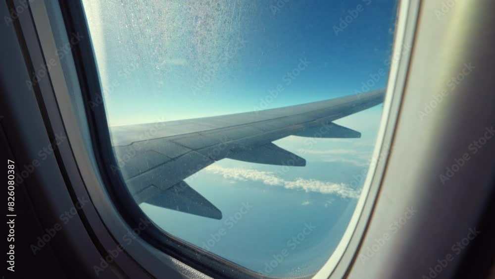 Aerial view from airplane from porthole window of passenger flight of aircraft in summer on sunny day. Earth landscape and clouds through window. Travel concept. Tourism. Go Everywhere Aerial view from airplane from porthole window of passenger flight of aircraft in summer on sunny day. Earth landscape and clouds through window. Travel concept. Tourism. Go Everywhere