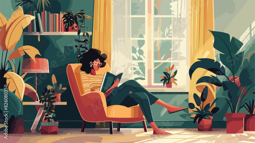 Woman with book in armchair. Rest in cozy sofa aparta