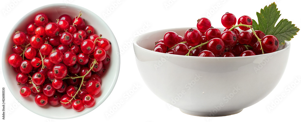 Set of red currants in a white bowl, side and top view, isolated on a transparent background Set of red currants in a white bowl, side and top view, isolated on a transparent background