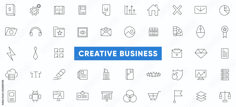 Creative business line icon set. Business strategy, Business solutions, Action List, research, solution, team, marketing, startup, advertising, business process, management outline icon collection.