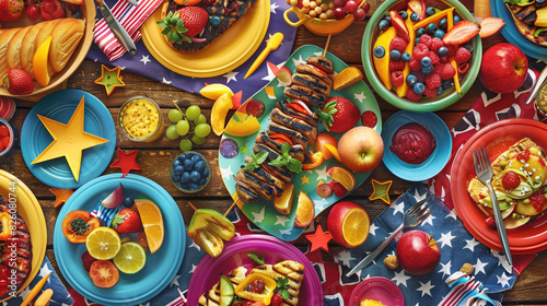 A vibrant close-up of a picnic table at a Fourth of July backyard cookout  adorned with star-spangled decorations  colorful napkins  patriotic-theme plates  delicious grilled dishes and summer fruits.