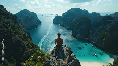 A lone traveler enjoys a panoramic view of may beach, Krabi, Thailand and turquoise waters from a scenic overlook. The movie lights. photo