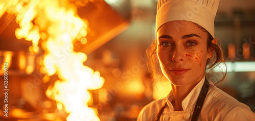 cooking demonstration, a talented female chef demonstrating her culinary skills in a busy restaurant kitchen, with flames in the background, showcasing focus and determination