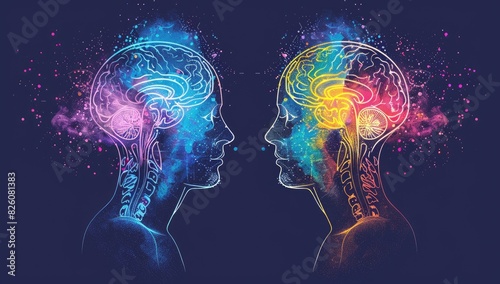 Neon Brain Silhouettes in Artistic Digital Illustration photo