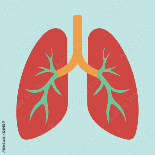 A pair of red lungs with green branches on a blue background