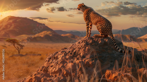 Majestic cheetah surveys the savannah at sunset from atop a termite mound. photo