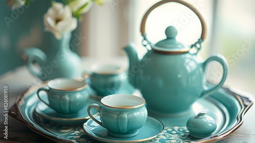 Elegant teal teapots and cups arranged neatly on a vintage tray, inviting relaxation. photo