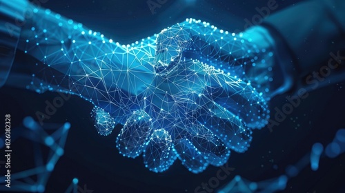 Digital Artwork: Glowing Blue Business Handshake in Low-Polygon Wireframe Style. Concept Graphic Design, Business Networking, Digital Art, Low-Polygon Style, Glowing Effect
