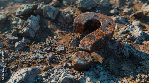 A rusty question mark sculpture embedded in rocky terrain  symbolizing mystery and curiosity.