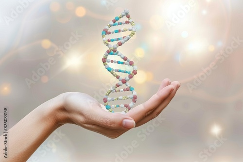 Hand Cradling a Blue DNA Strand Against a Soft Focus Background, Emphasizing Genetic Research