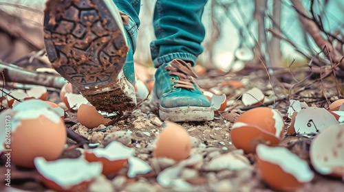 Walking on eggshells, Close-up of a person's boots walking on a path covered with broken eggshells, conveying a cautious and tense atmosphere. 