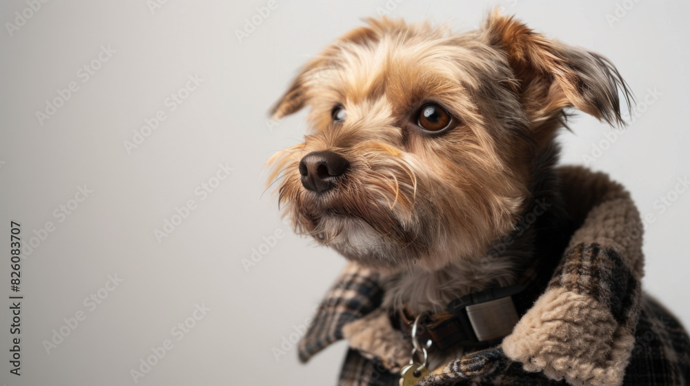 Adorable small dog wearing a plaid jacket, looking sideways with attentive eyes against a plain background.