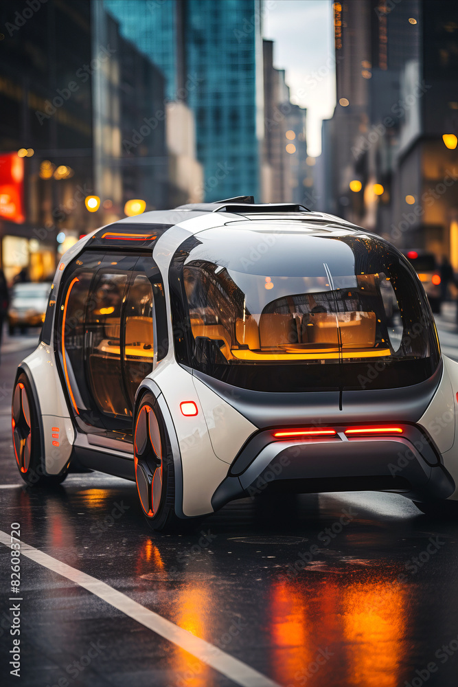 Future of public transportation: Electric vehicle on futuristic cityscape background. Future of public transportation: Electric vehicle on futuristic cityscape background.