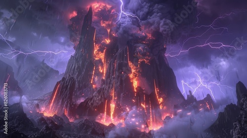 The power of nature in full force as flames and bolts of lightning dance within a volcanic plume.