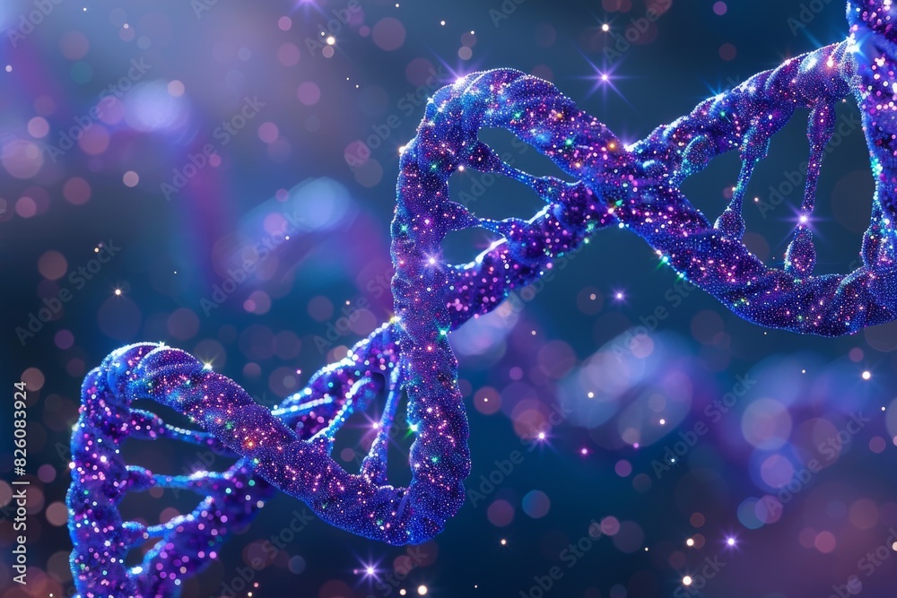 Vibrant 3D DNA helix in a digital space, glowing purple and blue particles, biotechnology concept, abstract composition