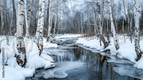A tranquil winter landscape features a birch grove with bare trees and snow-covered ground. The river  with patches of melting snow