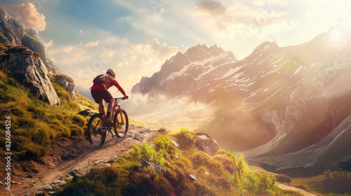 Mountain biker conquers rugged trail amidst majestic sunset in a breathtaking landscape. photo