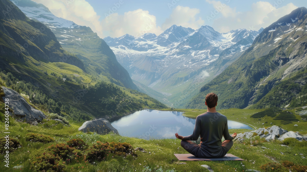 Fototapeta premium A person sits in lotus pose, meditating beside a tranquil mountain lake, embodying serenity.