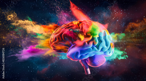 A colorful human brain with exploding color dust against a dark background. Brilliant ideas concept.