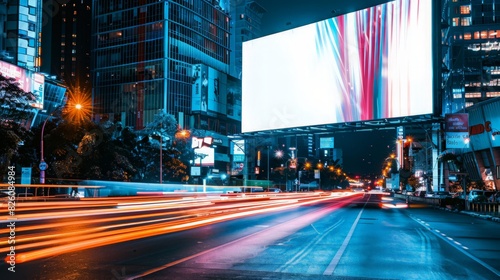 Blank billboard mockup on a busy street at night  surrounded by the lively motion of car light trails. Perfect for creating impactful and engaging advertisements.