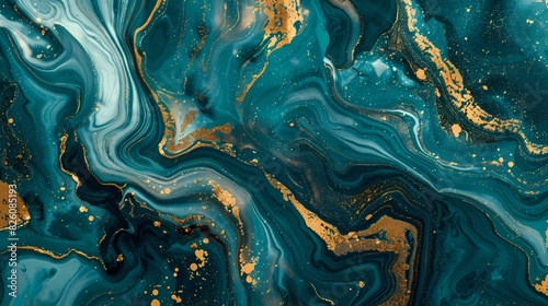 Fluid marble patterns in teal and gold, merging sophistication with artistic flair.