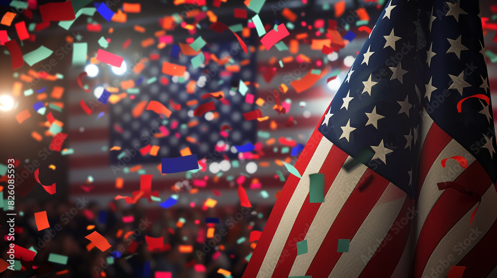 Fototapeta premium The American flag prominently displayed at a Memorial Day parade, with a festive background of confetti in red, white, and blue gently falling, creating a sense of unity and celebration.