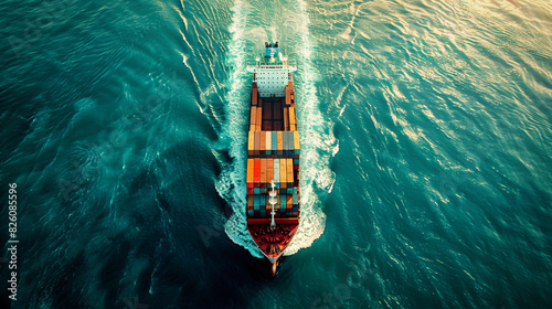 A large container ship with containers sailing in open ocean photo