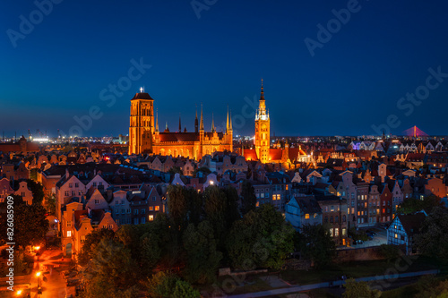 Aerial landscape of the Main Town of Gdansk at night, Poland.
