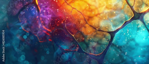 Colorful abstract neural network background image, showcasing vibrant connections and intricate patterns in bright shades of blue, red, and yellow. photo