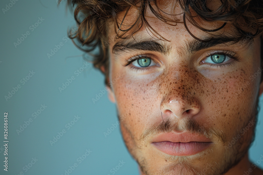 A young man with a focused, intense expression, on a bright cyan background. A young man with a focused, intense expression, on a bright cyan background.