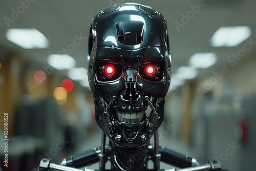 Close-up of a robotic head with red eyes, showcasing advanced technology.